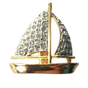 Vtg Gold Plated Rhinestone Sailboat Pin Brooch